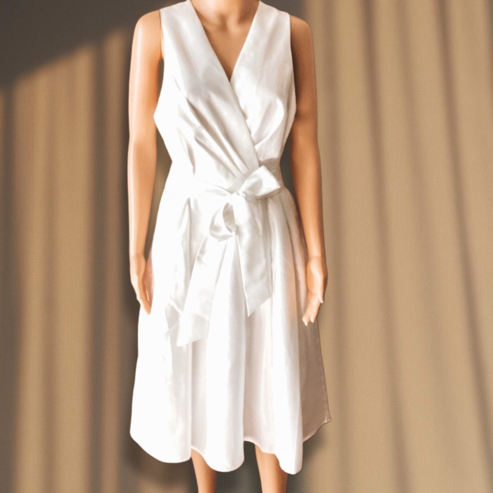 Evan Picone White Sleeveless Wrap Midi Dress with Tie Waist